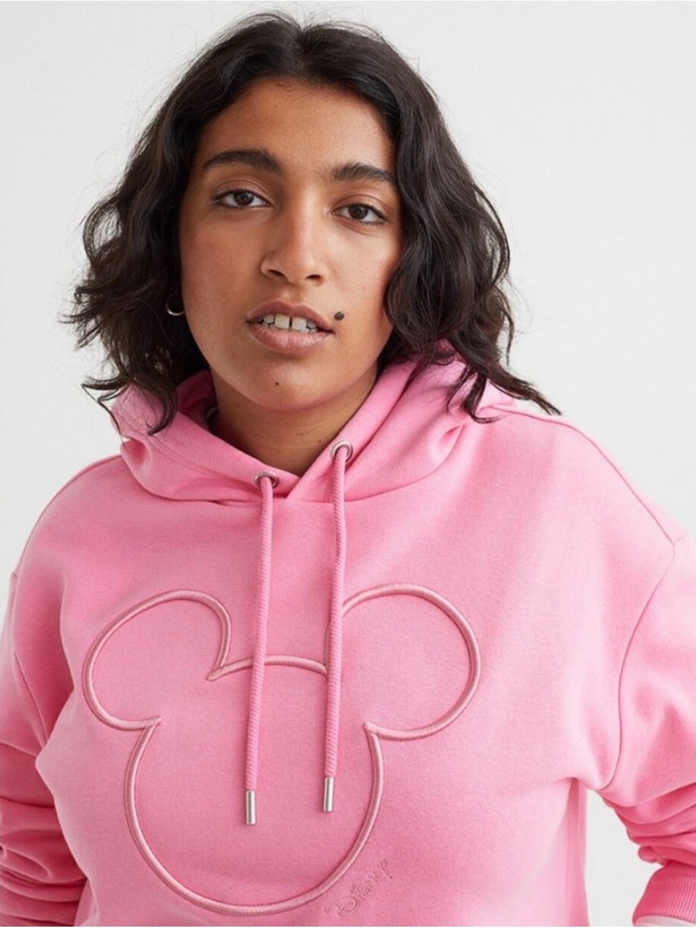H&M Pink Pullover Hoodie with Embossed Mickey Outline